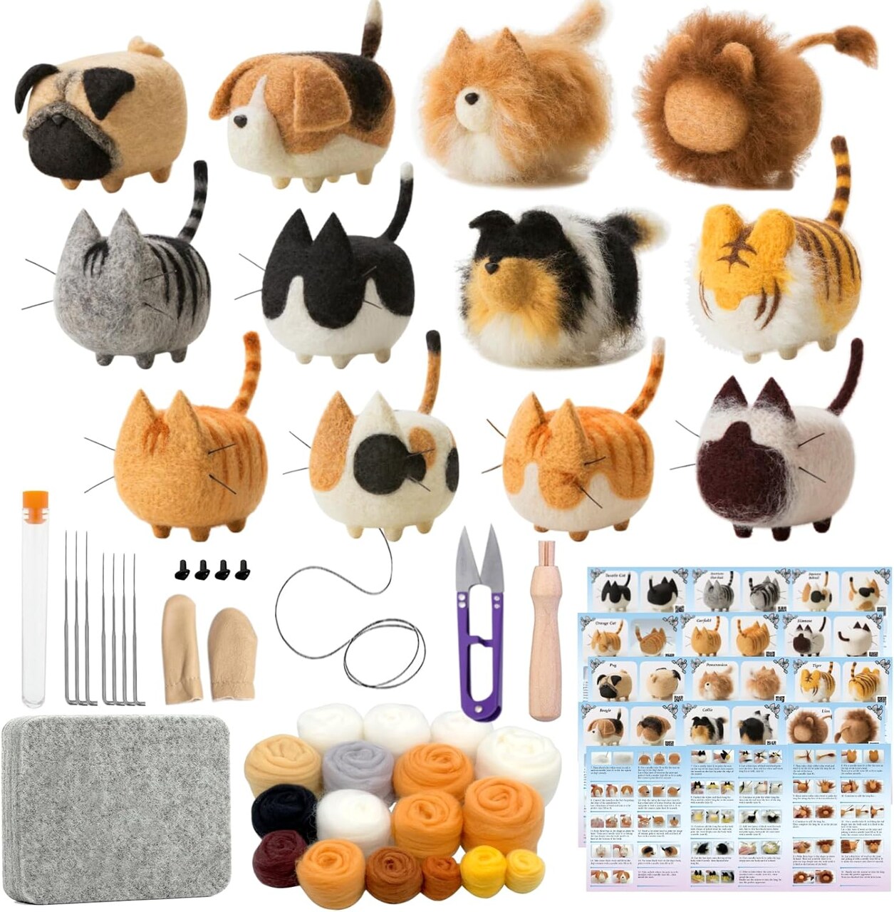 Needle Felting Kit for Beginners – DIY Adult Craft Set with Felting Wool, Needles & Tools | Make Faceless Animals, Cats & Dogs | 12-Piece Hobby Kit